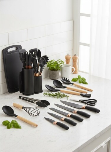 19-Piece Kitchen Utensil &amp; Knife Set &acirc;&euro;&ldquo; Non-Stick Silicone Cooking Tools with Wooden Handles, Stainless Steel Chef Knives, Cooking Spoon, Spatula, Whisk, Tongs &amp; Holder &acirc;&euro;&ldquo; Heat Resistant, Durable Cookware Set