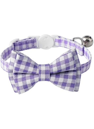 AIITLE Breakaway Cat Collar with Cute Bow Tie and Bell, Detachable Adjustable Safety Collars for Girl Cats and Boy Cats, Kittens, Puppy, Soft Stylish Plaid Patterns Cat Collars,Purple