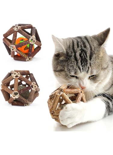 2 pcs Catnip Toys, Natural Rattan Sticks Catnip Balls and Bell Balls, Indoor Sounding MolarToys, Teeth Cleaning Chew Toys
