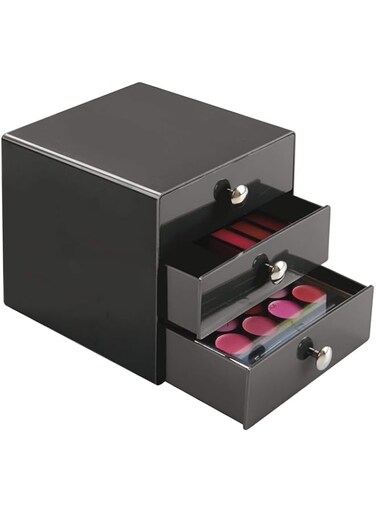 iDesign Plastic 3-Drawer Jewelry Box, Compact Storage Organization Drawers Set for Cosmetics, Dental Supplies, Hair Care, Bathroom, Office, Dorm, Desk, Countertop, 6.5" x 6.5" x 6.5", Slate Gray