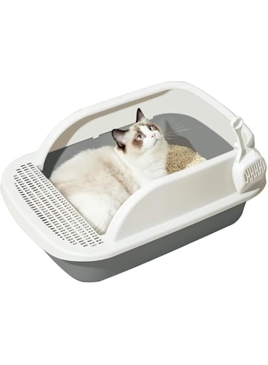 Extra Large Cat Litter Box with Scooper,Pet Toilet Pan for Sand Box Supplies Small Animals Kitten,Gray Cat Litter Tray,Cat Tray with Added Frame Durable,Kitten Toilette Sand Container Anti Splashing