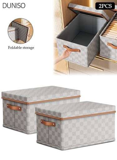 2 PCS Grey Chessboard Pattern Storage Bins with Lids, Foldable Storage Boxes with Leather Handle,Non Woven Fabric Storage Box Organizer Containers Baskets Cube with Cover for Home Bedroom Closet Office Nursery 45*35*25cm 38L