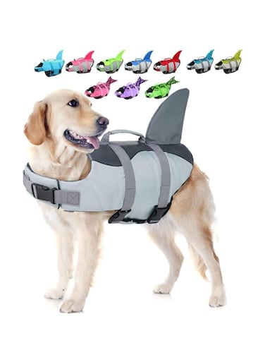 Homodoskey Dog Life Jacket Shark, Ripstop Dog Lifesaver Vests with Rescue Handle for Small Medium and Large Dogs, Pet Safety Swimsuit Preserver for Swimming Pool Beach Boating (Grey, L)