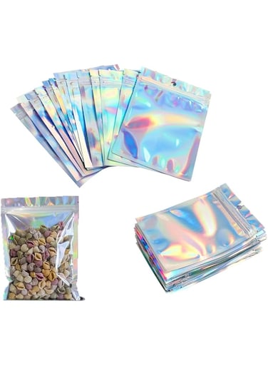 Duomama Holographic Smell Proof Bags (50pcs-5.9 * 8.66 inch) - Resealable Foil Pouches for Party Favors &amp; Food Storage. Keep Contents Fresh with Style!