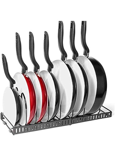 TreeTop Expandable Pan Rack Organizer, 7+ Pans BetterThingsHome Expandable Pan Organizer Rack: Can Be Extended to 22.25", Total 7 Adjustable Compartments, Pantry Cupboard Bakeware Lid Plate Holder