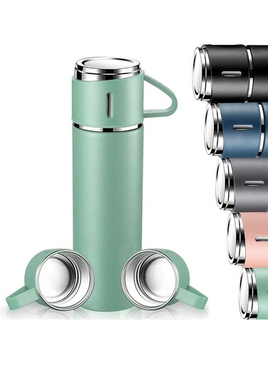 500ml Stainless Steel Vacuum Thermos Flask with Silicone Handle &acirc;&euro;&ldquo; Insulated Water Set with 2 Stainless Steel Cups for Hot &amp; Cold Drinks &acirc;&euro;&ldquo; Ideal for Outdoor Travel, Camping. Hiking   Gift Box Set (2 PACK) GREEN