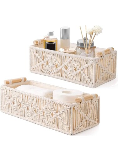 Westhood Macrame Storage Baskets, Boho Decor Shelf Baskets, Handmade Woven Decorative Storage Baskets Set for Countertop Toilet Paper Basket for Toilet Tank Top Bathroom Decor Bedroom, Set of 2