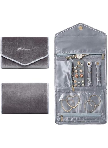 Excefore Travel Jewelry Organizer Roll Foldable Case for Rings Necklaces Earrings Bracelets Watches Brooches Gray