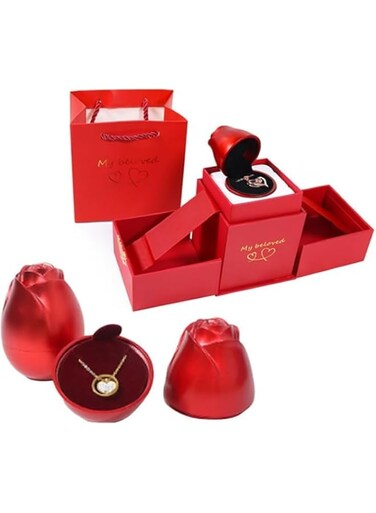 Paporich Creative Flower Rose Ring Box, Lift Rose -Shaped Ring Necklace Jewelry Box Used for Wedding, Valentine's Day, Wedding Anniversary (Red)