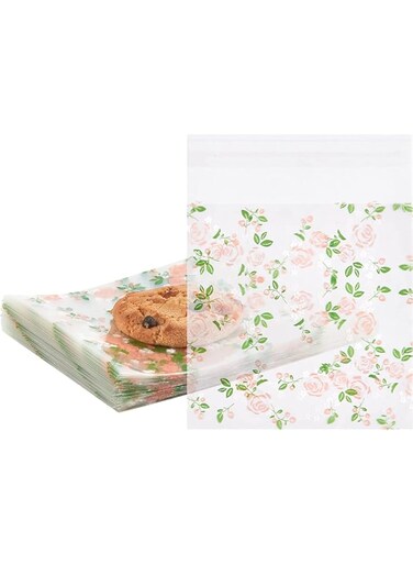 Self Adhesive Cookie Bags, 100Pcs Plastic Clear Treat Bags Sealable Candy Bags for Packaging Candy Cookies Bakery Party Favor Gift Giving, Small Bags for Cookies, Jewelry (Floral Rose, 3.9 x 3.9")