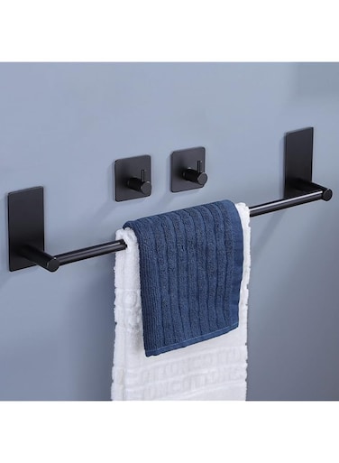 Taozun Towel Bar - Towel Holder with 2 Packs Adhesive Hooks Black 16-Inch Hand Towel Rack Stick on Wall, Stainless Steel Bathroom Hardware Accessory Kit