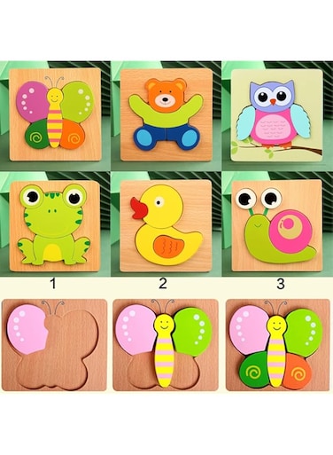 3D Wooden Puzzles, Educational Preschool Learning Animals Toys for Toddlers 1 2 3 year Old Boy Girl, Montessori Toys Bright Vibrant Color Shapes, Jigsaw for Kids Age 12 18 24 Months (6Pcs-Animal)