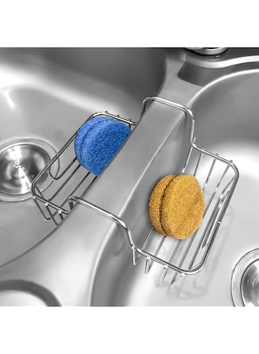 BIGTHREE Stainless Steel Sponge Holder for Kitchen Sink, Never Rust Hanging Saddle Double for Soap Kitchen Sink Caddy 2.2 inch, Rustproof Organizer for Dishwashing and Brush Drying