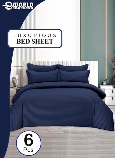 6-Piece Premium King Size Bedding Set, Blue Striped Design and High-Quality Cotton Hotel Luxury Bedsheet, Soft Quilt Cover and Pillowcases
