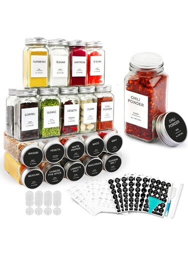 24 pack Glass Spice Jars with Shaker Lids,Seal Seasoning Jars with Labels for Kitchen,Spice,Cabinet, Drawer,120ml Glass,with Collapsible Funnel and Mark pen