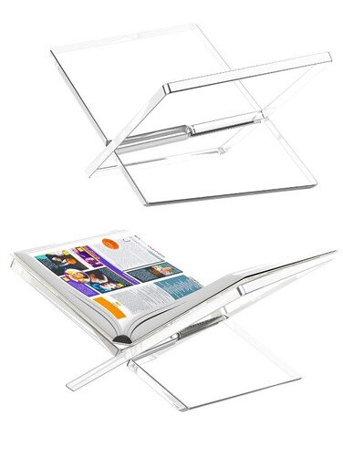 Acrylic Book Stand for Reading-Clear Cookbook Holder-Hands Free-Small Base X Shape Displaying Magazine- Recipe Holder for Desk-Large Wide for Kitchen Counter