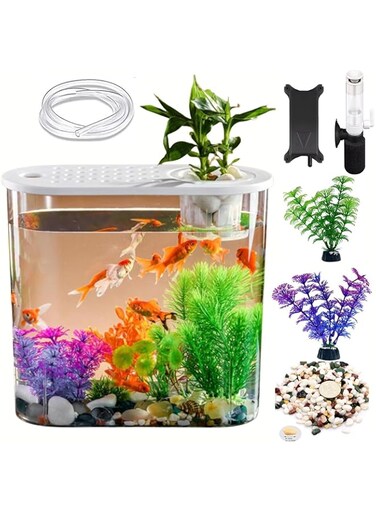 Aquarium Fish Tank,Compact Eco Aquarium,Mini Desktop Aquaponic Aquarium 360 Rotating Ultra-clear Glass Fish Bowl With Artificial Fish Tank Plants and Decorations Rocks (White, 30cm)