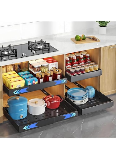 Expandable Cabinet Organizer Drawer,Pull Out Cabinet Organizer，(12.6"-20.5") Heavy Duty Slide out Draw,rs Fixed with Adhesive Nano Film for Kitchen Base Cabinet Organization,Pantry,Bathroom (Black)