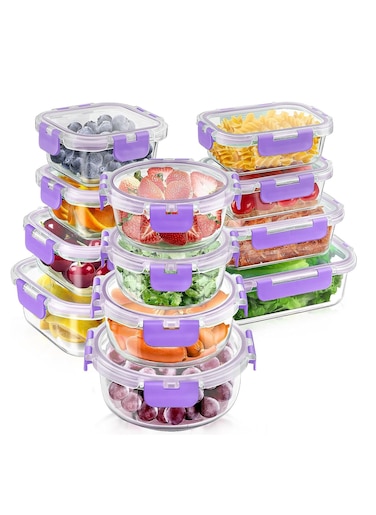 Glass Meal Prep Containers 12 Pieces Mixed Glass Food Storage Containers with Lids Glass Lunch Box Portion Control Airtight Glass Bento Box Lunch Containers 12 Pieces Purple.