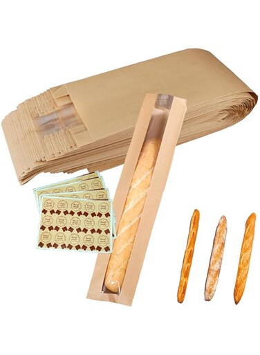 Cunguv Baguette Bread Kraft Paper Bag with Front Window Paper Bread Bags for Long Loaf Homemade with Stickers 23.6 x 4.3 x 1.6 Inch