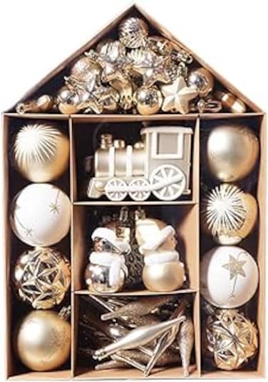 70 Pcs Christmas Balls Ornaments Set,Gold and White Christmas Tree Decorations, Shatterproof Hanging Ornaments for Xmas Holiday, Christmas Decorations Easy to Use (Gold &amp; White)