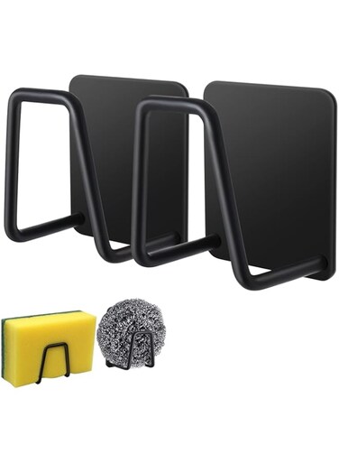 MAKINGTEC 2pcs Kitchen Sink Sponge Rack, Non-punching Paste Dishwasher Drain Rack, Stainless Steel Waterproof Strong Adhesive Pot Cover Cutting Board, and Other Kitchenware Storage Rack (Black)