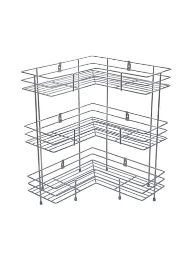 3 Layer L Corner Shape Stand Set Of 3 Layer Stainless Steel Multipurpose Wall Mount Storage Rack, Shelf For Kitchen And Bathroom (3 Layer, Corner Shelf) Silver