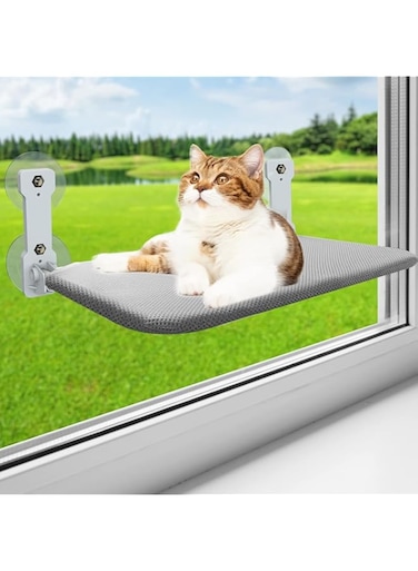 Cordless Cat Window Perch, Foldable Cat Hammock for Window with Suction Cups, Washable Cover, Window Mounted Cat Bed for Indoor Cats, Gray