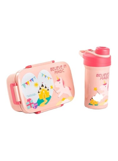 Cartoon Students Lunch Box with Water Bottle Set Adults Double Layer Work Lunch Box with Fork 1800ml and Drink Cup 500ml (Pink)