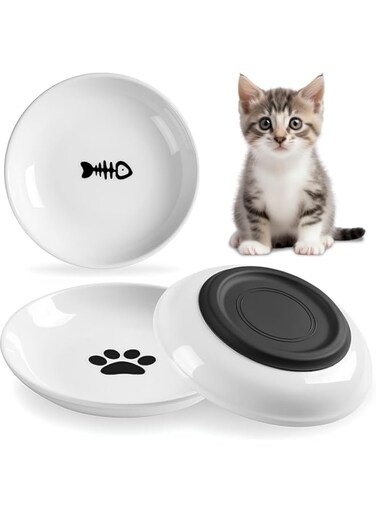 AMROAH 3pcs Cat Food Bowl Set Dishes for Indoor Cat &amp; Kitten, Wide Anti Whisker Fatigue Heavy Non-Slip Ceramic Cat Bowls Plate for Dry Wet Food &amp; Water Home Outdoor