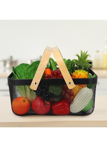 ULINEN Mesh Storage Basket with Handle, Portable Garden Harvest Basket Fruit Basket, Functional Mesh Basket for Kitchen Cabinet Picnic Fruit Vegetable Gathering Organizer (Black)