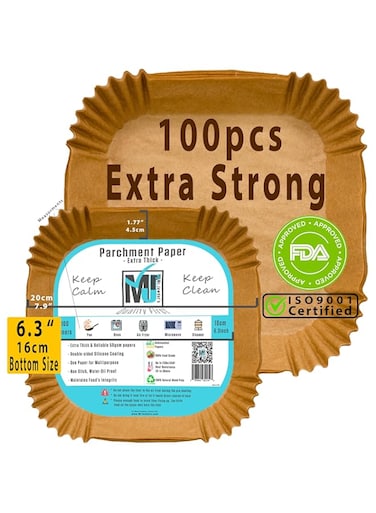 ((Extra Strong)) 100Pcs Air Fryer Liners, Disposable Paper Liner Mr.Jawdat's&trade;, Square Parchment Paper for Baking Microwave, Baking Paper for Air Fryer ((Bottom size 16cm/6.3inch, Square))