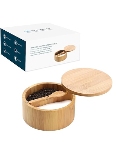 KITCHENDAO Bamboo Salt and Pepper Bowl Box Cellar Container Divided, Built-in Serving Spoon to Avoid Dust, Swivel Lid to Keep Dry, Sea Salt Spice Seasoning Keeper Holder, Dual 7 Ounce Capacity