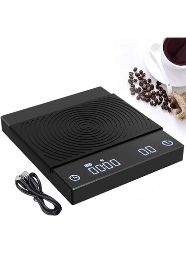 Angju Coffee Scale with Timer 2kg,0.1g Digital Hand Drip Coffee Gram Scales with USB Output Waterproof Multifunction Espresso Coffee Scale Kitchen Scale with Silicone Pad (Black)