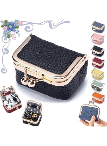 Leather Mini Jewelry Box, Portable Vintage-Inspired Genuine Leather Coin Purse Jewelry Case with Kiss Lock, Mini Travel Ring Box for Women for Earring/Ring/Necklace/Bracelet(Black)