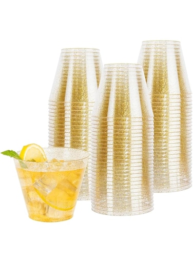 JOWILIN Disposable Plastic Cups, 50 Pack 9 oz Clear Plastic Cups with Gold Glitter, Reusable and BPA-Free Hard Plastic Tumblers for Wedding Cups, Elegant Party Cups, Holidays