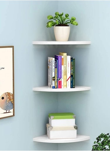 Floating Corner Wall Shelf 3Pcs Triangle Bookshelf Home Decor 3 Tier Display Organizer 25cm White