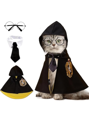 NALACAL Pet Costume Harry Potter Witchcraft Style, Dog Cat Cute Halloween Costumes Cape Cosplay Costume Set, Wizard Pet Clothes Apparel Soft Hoodies with Glasses Neckties, Yellow (Large Size)
