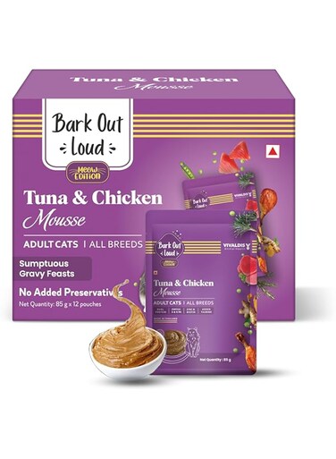 Bark Out Loud Wet Cat Food - Fresh Tuna &amp; Chicken Mousse with Salmon Oil, Taurine &amp; Omega Goodness - Protein-Rich Gravy Feast for Adult Cats, All Breeds, No Preservatives - Pack of 12 (85gmX12)