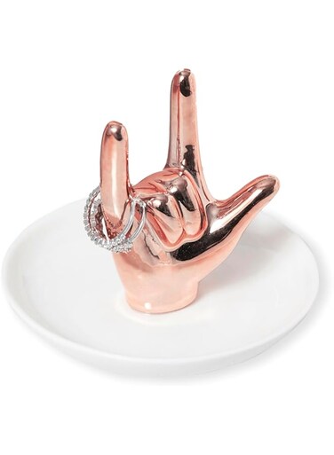 Lynagert I LOVE YOU Hand Ring Holder Ring Dish Ceramic Jewelry Holder Dish Trinket tray for Rings Earrings Necklace Organizer, Engagement Wedding Ring Holder, Christmas Birthday Gifts (Rose Gold)