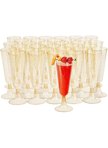 BOAO 30 Pcs Gold Glitter Drink Flutes Bulk 5 oz Disposable Drink Glasses for Parties and Wedding Picnics,Thanksgiveing Parties,Birthday Party,New Year Cocktail Cups Bulk Party supplies(Gold Glitter)