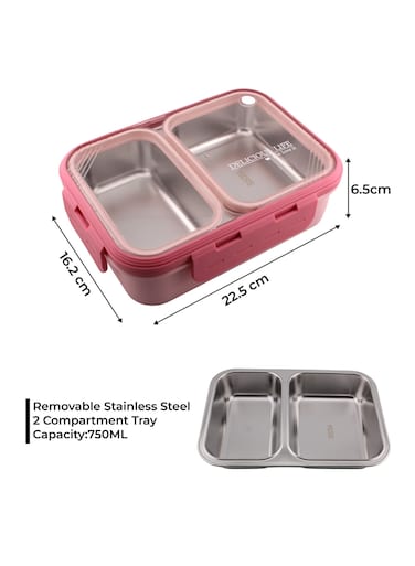 Stainless Steel Bento Lunch Box, Leak Proof Lunchbox for Kids, BPA Free Bento Box for Kids and Adults   Tiffin for Office and School (Pink, 700 ML, 2 Compartment)