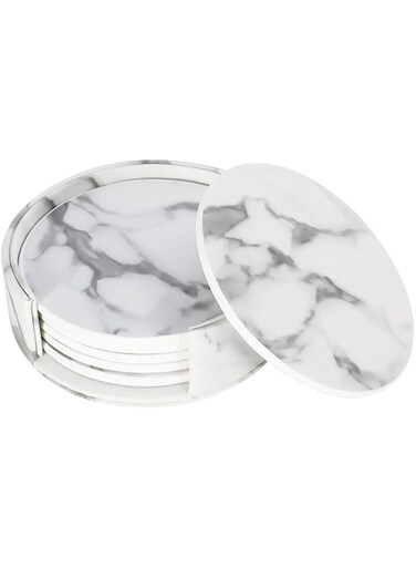 lovingmona Marble Coasters Set of 6 White Coasters for Drink with Holder Round PU Leather Heat Resistant Cup Mats for Coffee Beer Tea Mug Wine Glass Pub
