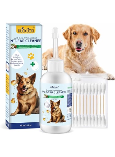 KUCKUCKI Pet Ear Cleaner Kit with Natural Formula 118ml, Ear Care Mild Cleansing Solution, Dog Ear Infection Treatment with 10 Cotton Buds