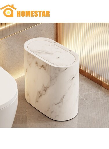 White Marble 12L Trash Can with Close Lid and Fingerprint-Resistant Surface for Kitchen, Bathroom