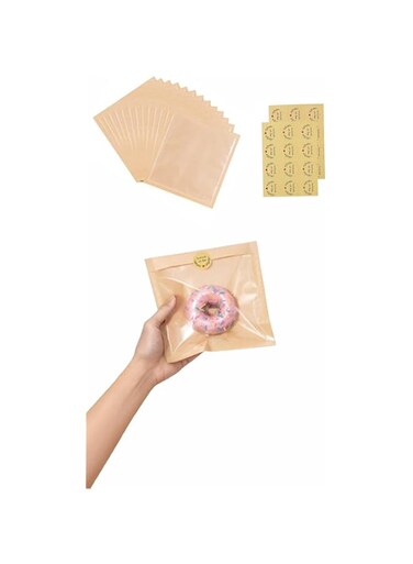 Generic Bakery Bags with Window, 7.5x7.9 Inch, 100 Pack - Grease Resistant, Heat-Sealable Kraft Paper Food Bags for Cookies, Donuts, Sandwiches - Brown with Seal Stickers