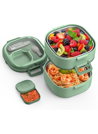 Double Layer Kid Bento Box, Removable lunch box And Stainless Steel Compartments For Children School Picnic, Leak-Proof, Bento Box With Portable And Cutlery, BPA-Free, Dishwasher Safe (Green)