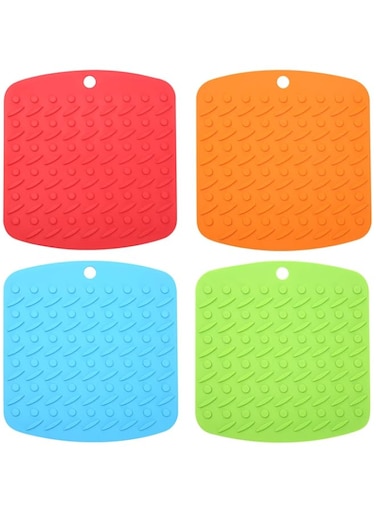 Aibrisk Silicone Trivet Mat Hot Pot Holders Hot Pads for Kitchen Non-Slip Heat Resistant Jar Opener Spoon Rest Garlic Peeler Potholders 4 Pack 7''x7" Modern Kitchen Tool