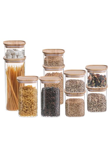 East Set of 10 Square Glass Storage Jars with Bamboo Lid, Canisters Sets for the kitchen, Food Containers Stackable for Coffee Beans  Nuts  Pasta