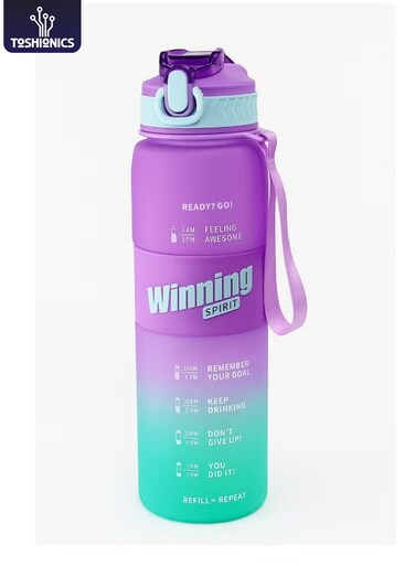 1000ml Motivational Winning Spirit Water Bottle with Time Markers, One-Touch Lockable Lid, Flip-Up Integrated Straw, One Carry Handle and Non-Slip Lid - BPA-Free, Leak-Proof Lid, Eco- Friendly, Plastic, Reusable, Drink Reminder Water Bottle for Adults and Kids in School, Office, Daily Hydration, Gym, Fitness, Yoga, Cycling, Hiking, Outdoor Camping, Hiking, Sports and Travel, 32oz Bottle